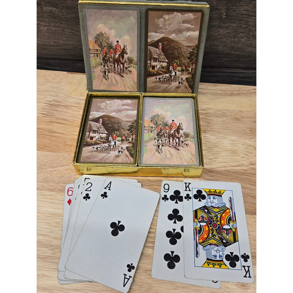 Vintage Congress Playing Cards Double Deck Set Fox Hunting Cel-U-Tone Finish Box